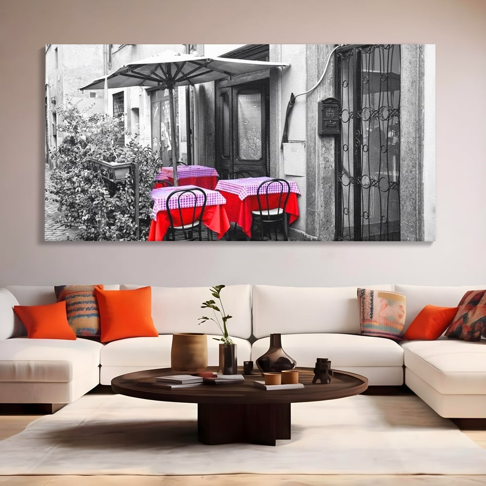 Tablou canvas cu cafenea stradala vintage alb negru cu pete de rosu, fara rama, pe sasiu de lemn, pe perete intr-un living